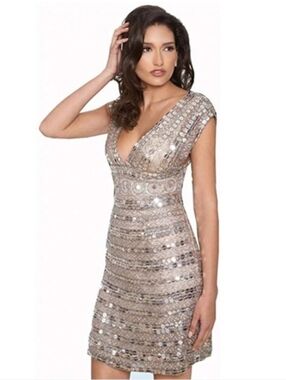 Scala Sequined Beaded Mini Dress Small Silver